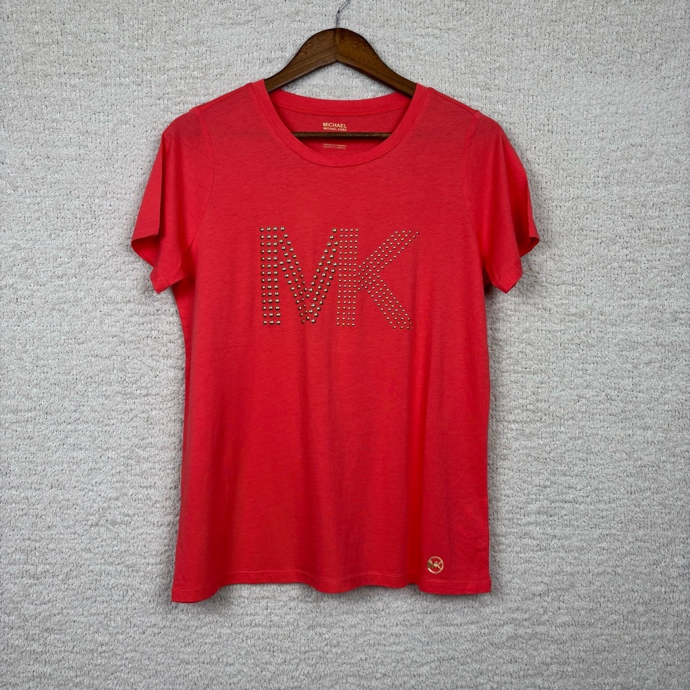 Michael Kors Top Womens Small Short Sleeve Pull Over Tee Studded Logo Cotton Ble